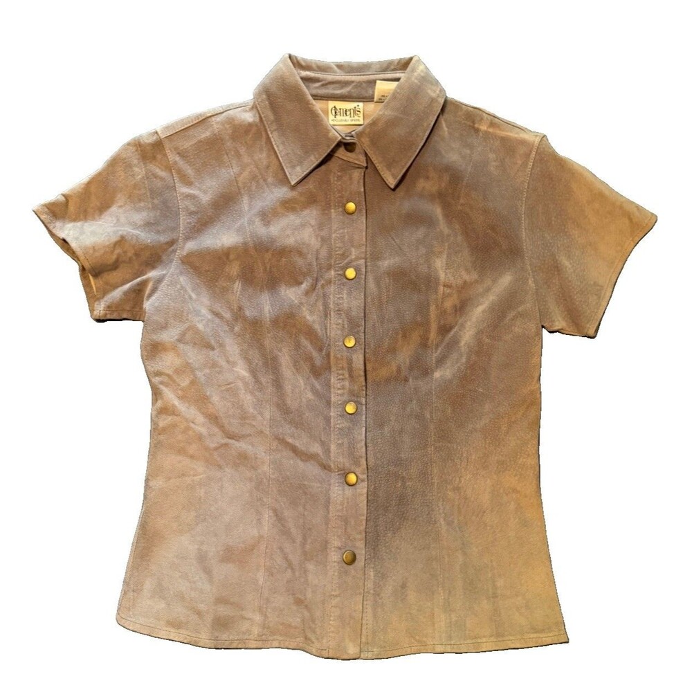 Vintage 90s Elements Spiegel Womens 6 Grey Genuine Suede Leather Snap Shirt Top